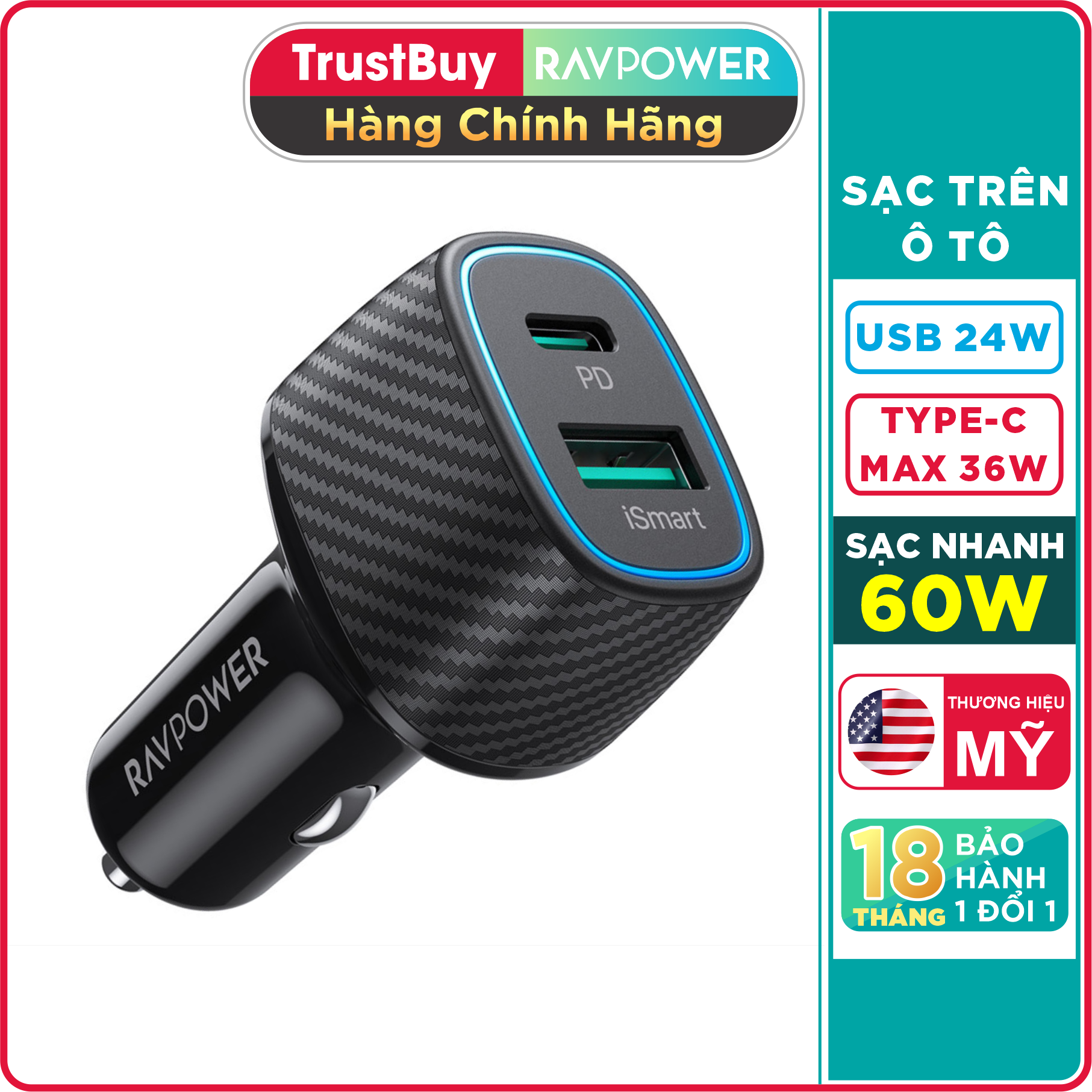 Củ Sạc Tẩu Sạc Ô Tô Tổng 60W 1 Cổng Type C 36W Và 1 Cổng USB QC 3.0 24W RAVPower RP-VC009 - Hàng Chính Hãng