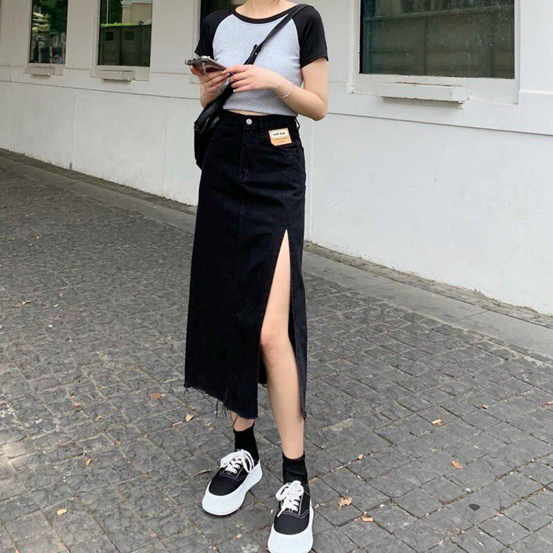 Chân váy Jean xẻ tà cạp cao cá tính, chân váy demin nữ Okélla