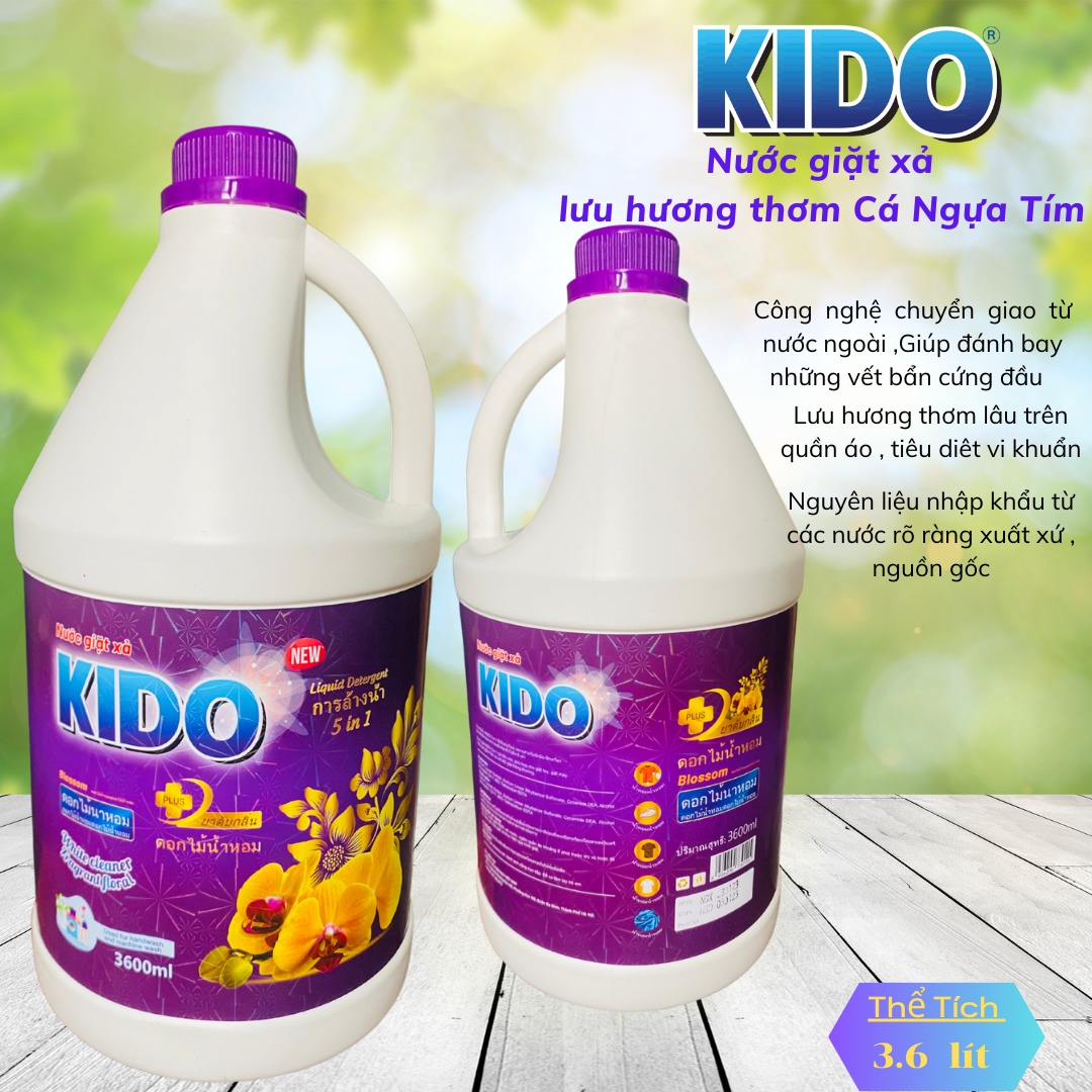 Nước Giặt Xả Thái 5 IN 1 KiDo Tím 3,6 lit, Sạch Nhanh ,Trắng Sáng Bảo Vệ Sợi Vải Mùi Thơm Nhẹ Nhàng