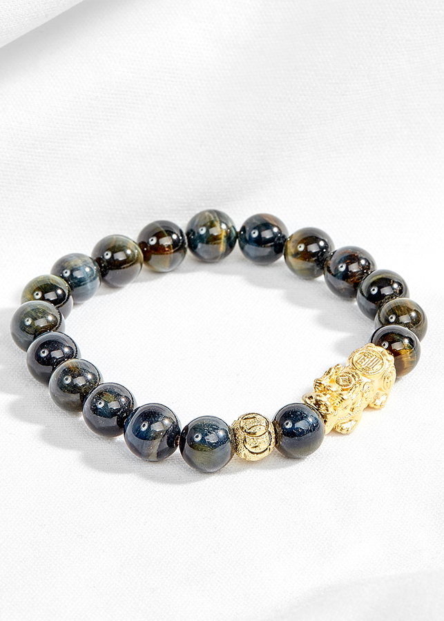 Vòng tay mắt hổ xanh đen thiên nhiên phối tỳ hưu mạ vàng Ngọc Quý Gemstones