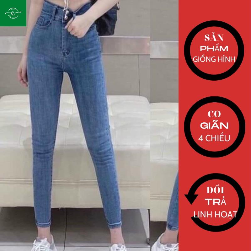 Quần Jean Co Giãn Lưng Cao, Quần Bò Nữ Dáng Ôm Trơn Cuốn Lai VoZoDo 510