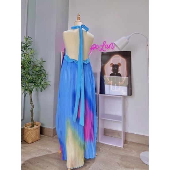 Đầm váy maxi loang màu xanh voan dập ly cổ yếm cột nơ hở lưng Ivy fashion đi biển dự tiệc dạo phố bigsize gợi cảm