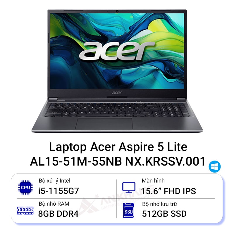Máy tính xách tay Acer - NX.KRSSV.001 - RMN: N23L1 (AL15-51M-55NB) Intel C i5-1155G7/1*8G/512G SSD/15.6 FHD/Windows 11 Home - HÀNG CHÍNH HÃNG