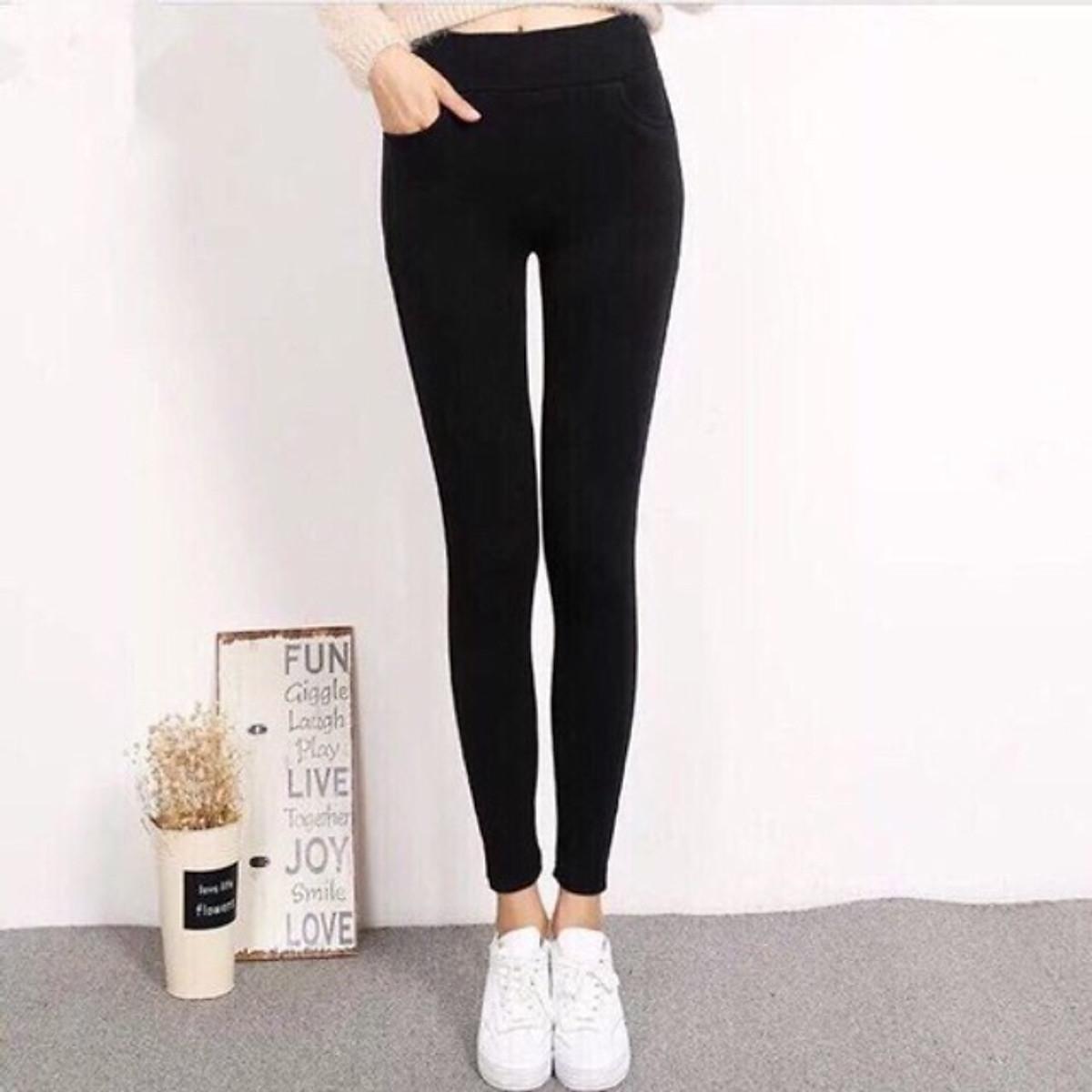 Quần legging TRƠN cạp cao 4 túi, siêu thon gọn - đen