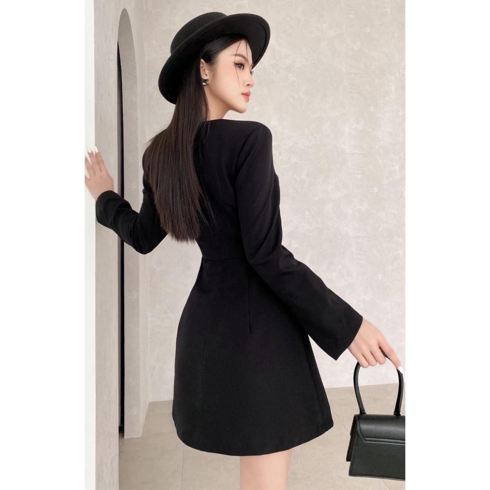 Đầm váy thiết kế sexy hở bụng 100% cotton đen tay dài cổ V xoè chữ A đi biển dự tiệc dạo phố rẻ đẹp bigsize