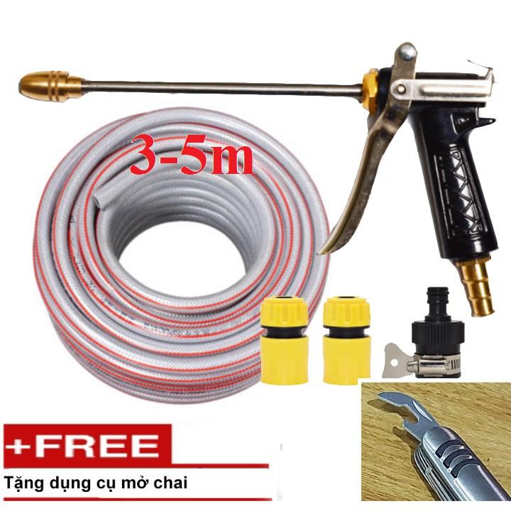 Bộ dây vòi xịt nước rửa xe, tưới cây . tăng áp 3 lần, loại 3m,5m 206318Lđầu đồng, cút,nối nhựa đen+ tặng mở chai