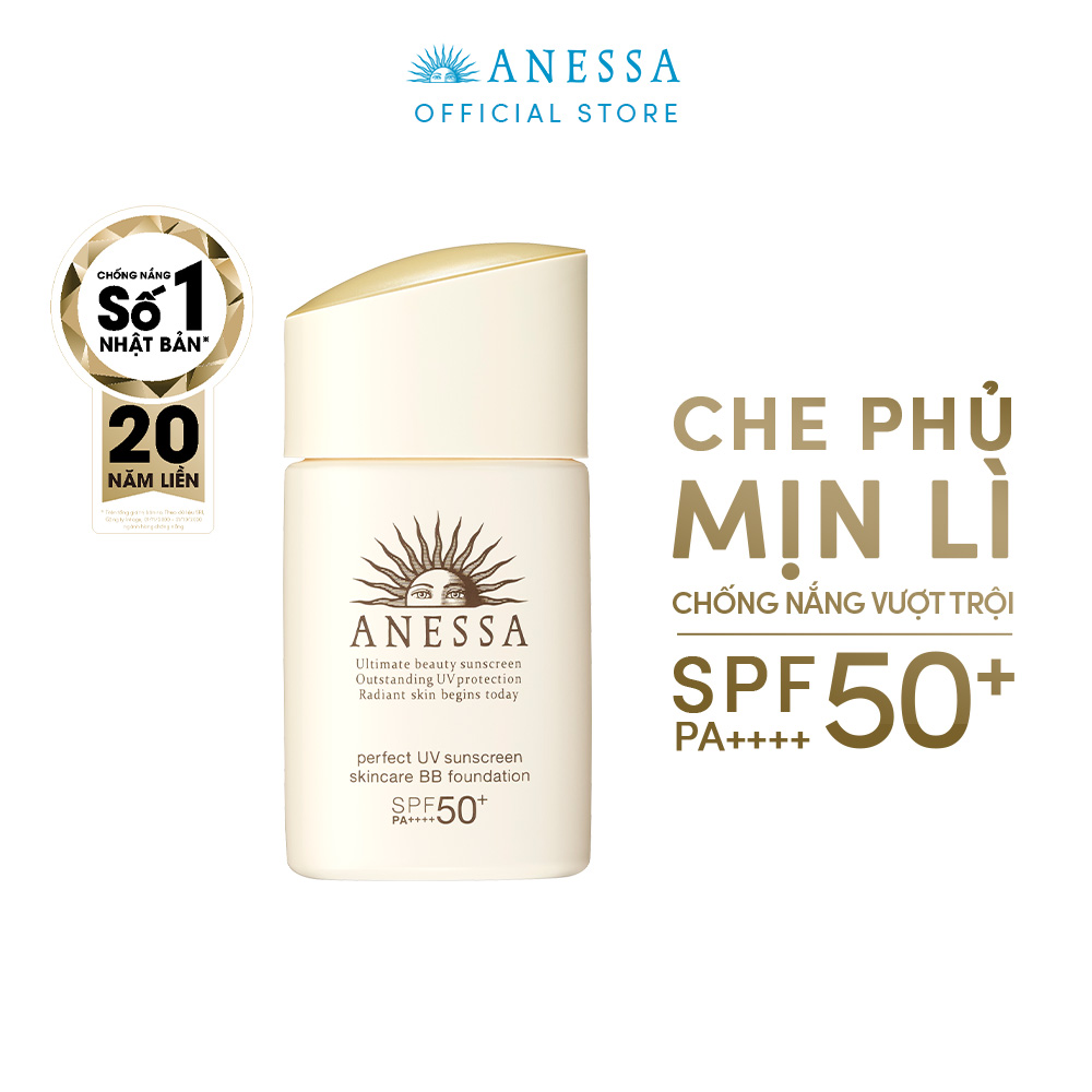Bộ đôi Kem chống nắng dưỡng da dạng sữa bảo vệ hoàn hảo Anessa Perfect UV Sunscreen Skincare Milk SPF 50+ PA++++ 60ml + Kem nền trang điểm BB chống nắng dưỡng da Anessa SPF 50+ PA++++ 25ml