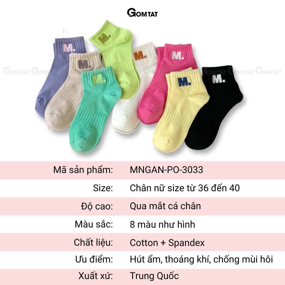 Tất vớ nữ cổ ngắn cao cấp GOMTAT mẫu chữ M, chất liệu cotton mềm mại, thấm hút, thoáng khí - MNGAN-PO-3033-1DOI