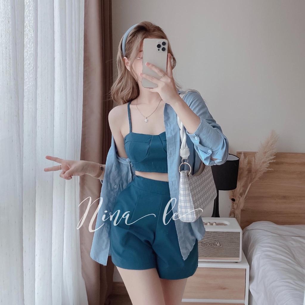 Sét bộ 3 món thời trang nữ áo khoác sơ mi kèm croptop 2 dây, phối quần đùi ống rộng thích hợp cho nàng dạo phố, đi biển