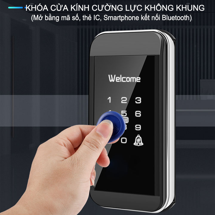 Khóa cửa kính cường lực không khung thông minh kỹ thuật số, mở cửa bằng mã số, thẻ IC, App smartphone kết nối Bluetooth