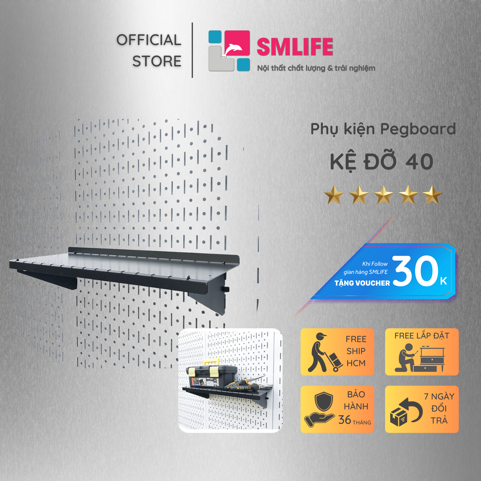 Bộ kệ đỡ 40 Pegboard - Giá treo bằng thép sơn tĩnh điện - Phụ kiện móc treo dụng cụ Pegboard