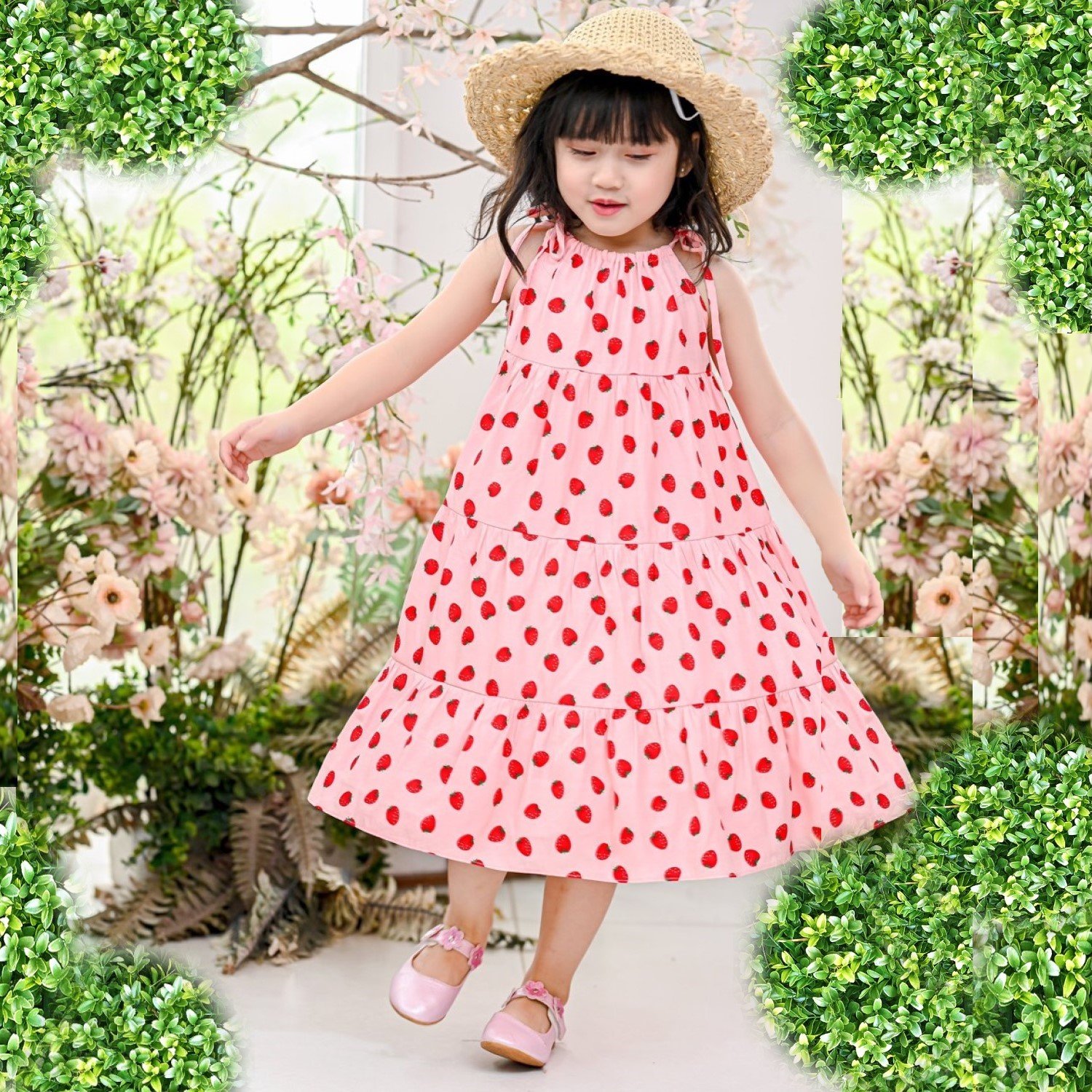 G00000710 Đầm váy dâu tây maxi cho bé giá từ 1 tuổi, Chất vải đũi lạnh, mềm mịn.