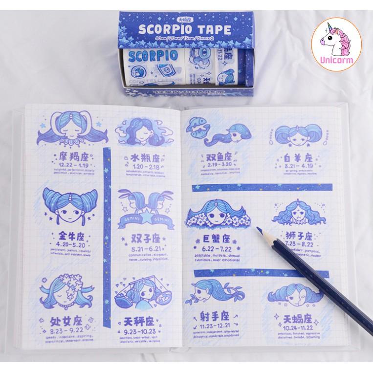 Set 5 cuộn băng dính - washi tape 12 cung hoàng đạo blue trang trí sổ