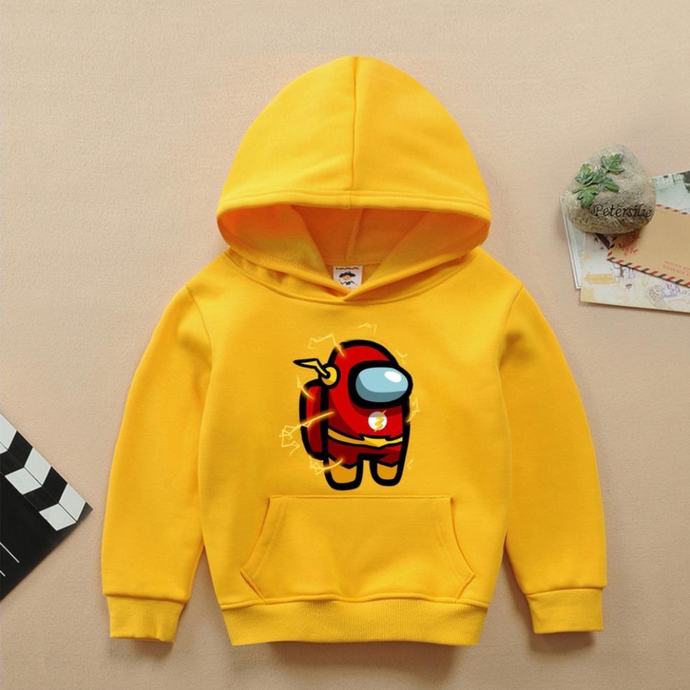 Áo hoodie among us có mũ màu vàng cho bé trai bé gái