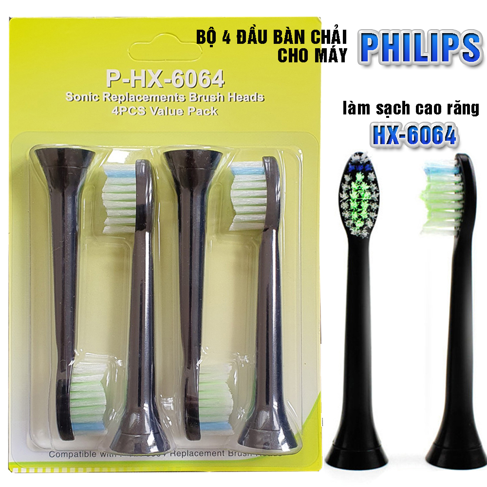 Bộ 4 đầu bàn chải đánh răng điện HX-6064 màu đen cho máy Philips Sonicare HX3, HX6, HX7, HX8, HX9, R, FlexCare +, FlexCare, HealthyWhite, HydroClean, EasyClean, DiamondClean