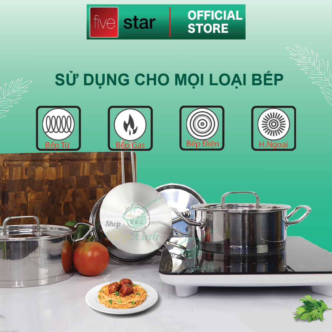 Bộ nồi quánh 3 đáy inox 430 Fivestar Standard bếp từ nắp inox , tặng 5 muỗng