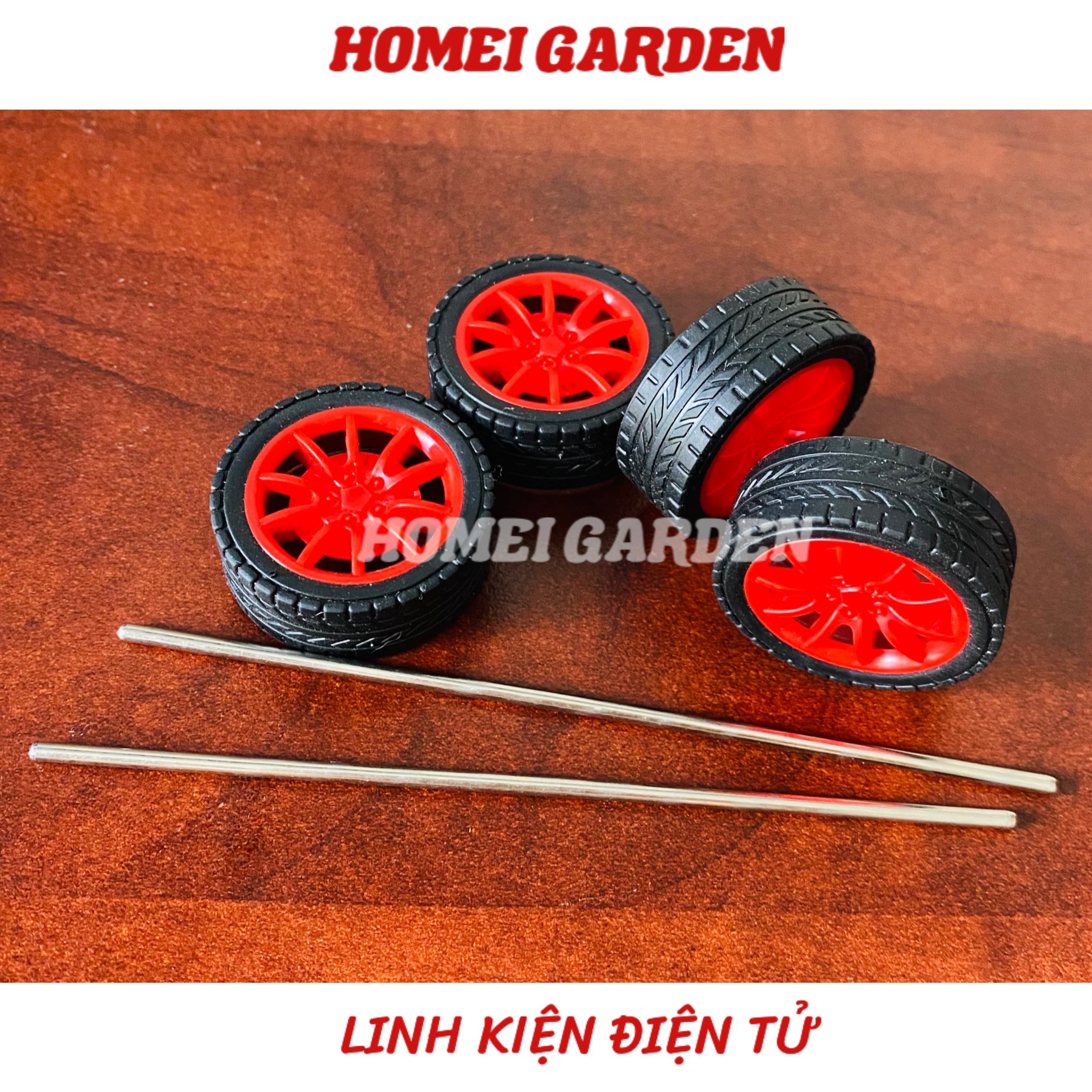 Bộ 4 bánh xe cao su đường kính 30mm kèm 2 trục dài 100mm DIY mô hình - HM0127