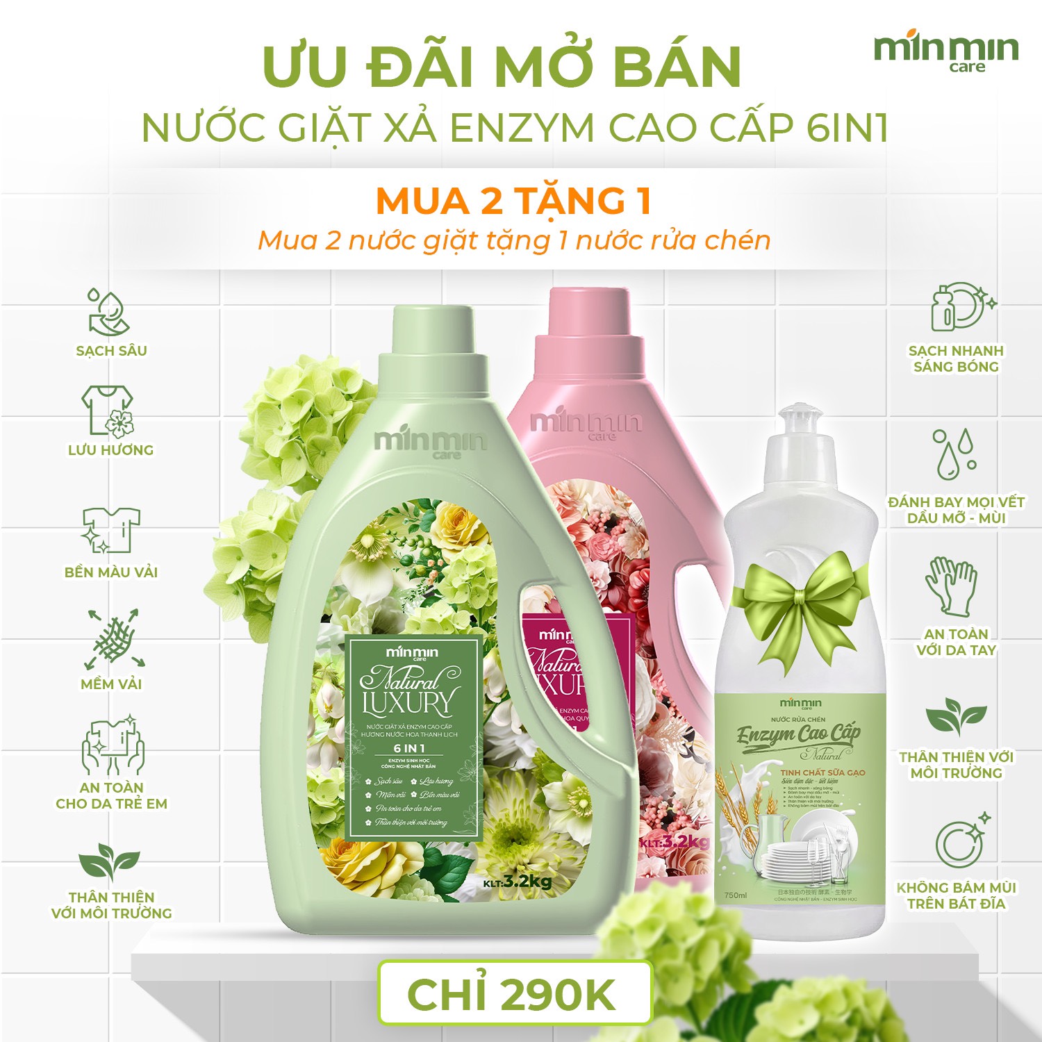 Combo 2 Can Nước Giặt Xả Luxury Min Min Care Mix Màu Xanh Và Màu Hồng 6.4Kg Tặng 1 Chai Nước Rửa Bát Sinh Học 750ml