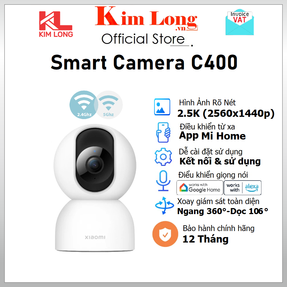 Camera quan sát Xiaomi C400 2,5K 4MP, Xoay 360, AI phát hiện con người, Wi-Fi 2.4GHz/5GHz, Bản quốc tế - Hàng chính hãng