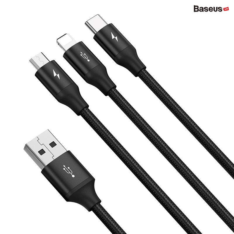 Cáp Sạc 3 Đầu Siêu Bền Baseus Rapid Series 3-in-1 USB to Type C/ IP/ Micro - hàng chính hãng