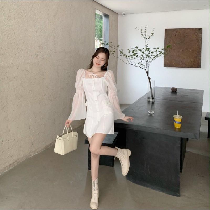 Đầm tiểu thư đính ngọc mix tay áo voan 2021