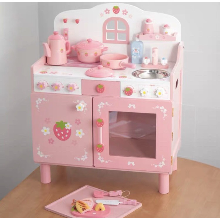 Bếp Nguyên khối hồng 1 dâu kèm chân kê- đồ chơi gỗ