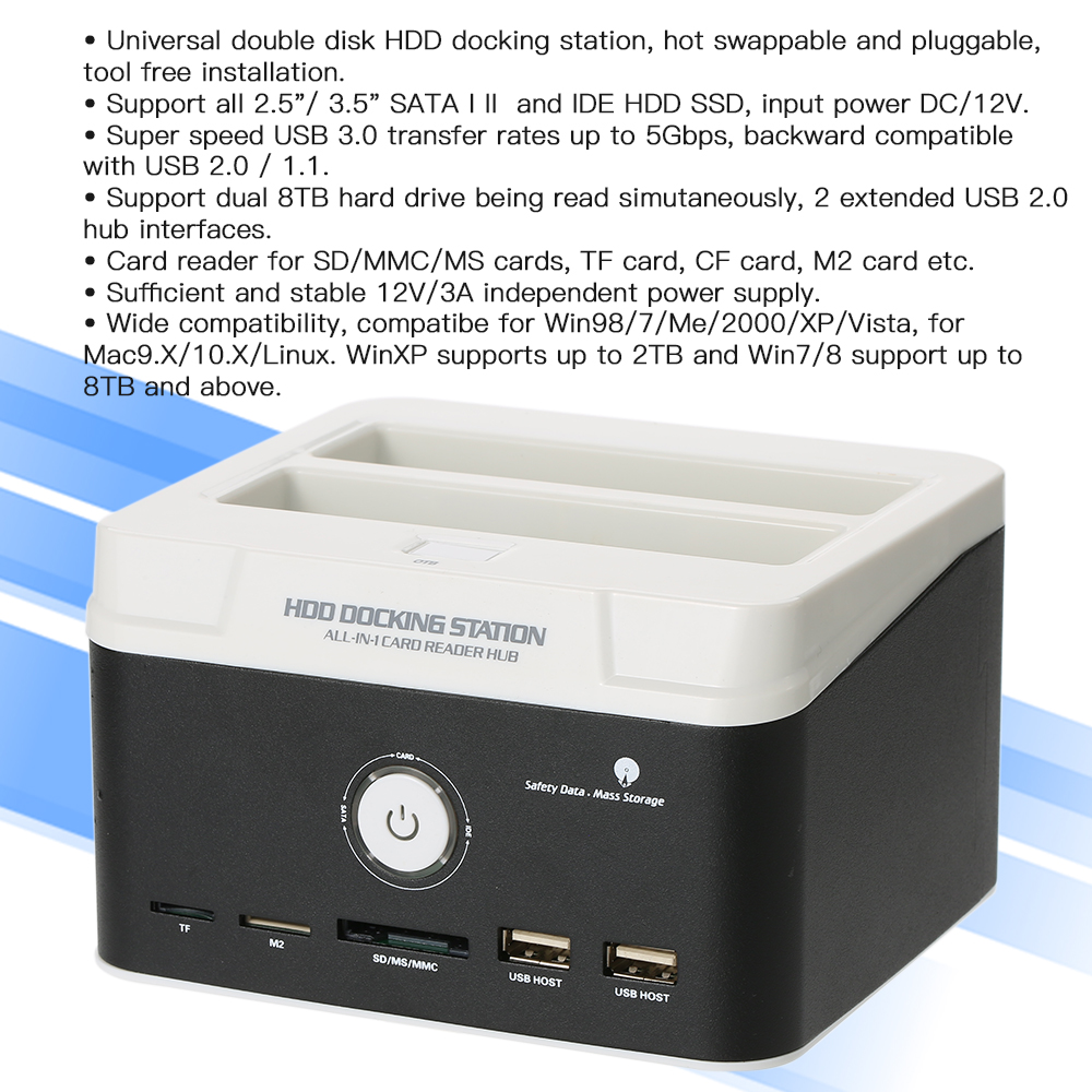 Ổ cắm cứng HDD 2,5 '' / 3,5 '' USB 3.0 đến SATA IDE Đa chức năng,Đế đĩa cứng hai khay với chức năng sao lưu