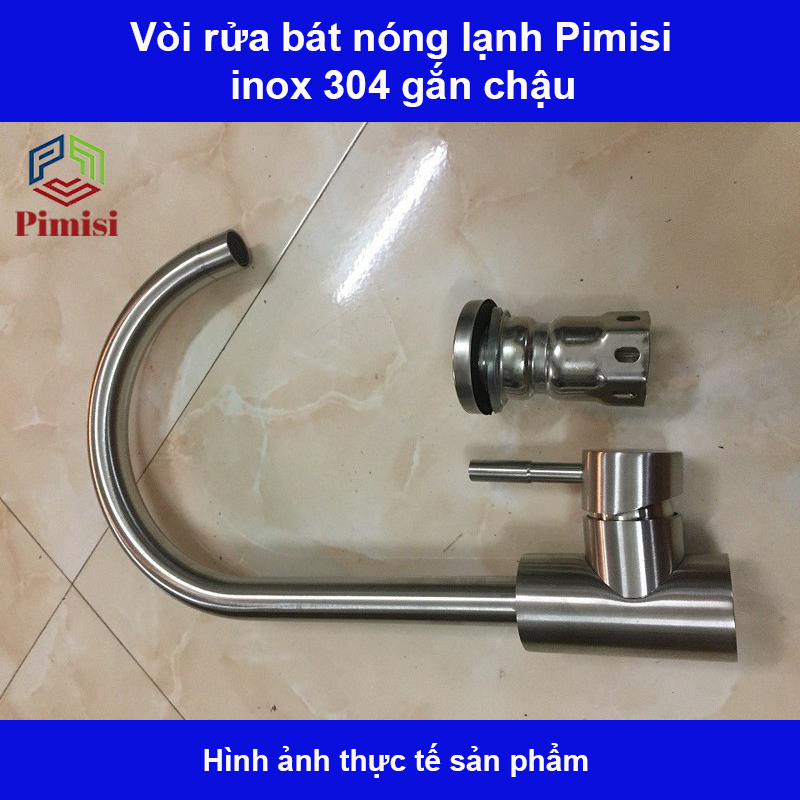 Vòi rửa bát nóng lạnh inox 304 Pimisi dùng cho chậu rửa chén bát trong nhà bếp gắn chậu - bàn đá, quay 360 độ dùng được cho chậu rửa chén 2 hố - đã kèm 2 sợi dây cấp nước | Hàng chính hãng