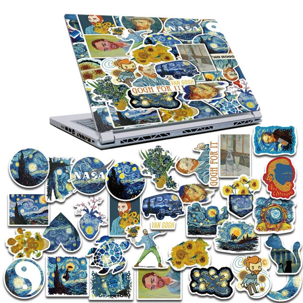 Sticker Vangogh đêm đầy sao nhãn dán trang trí mũ bảo hiểm, đàn, guitar, ukulele, điện thoại laptop