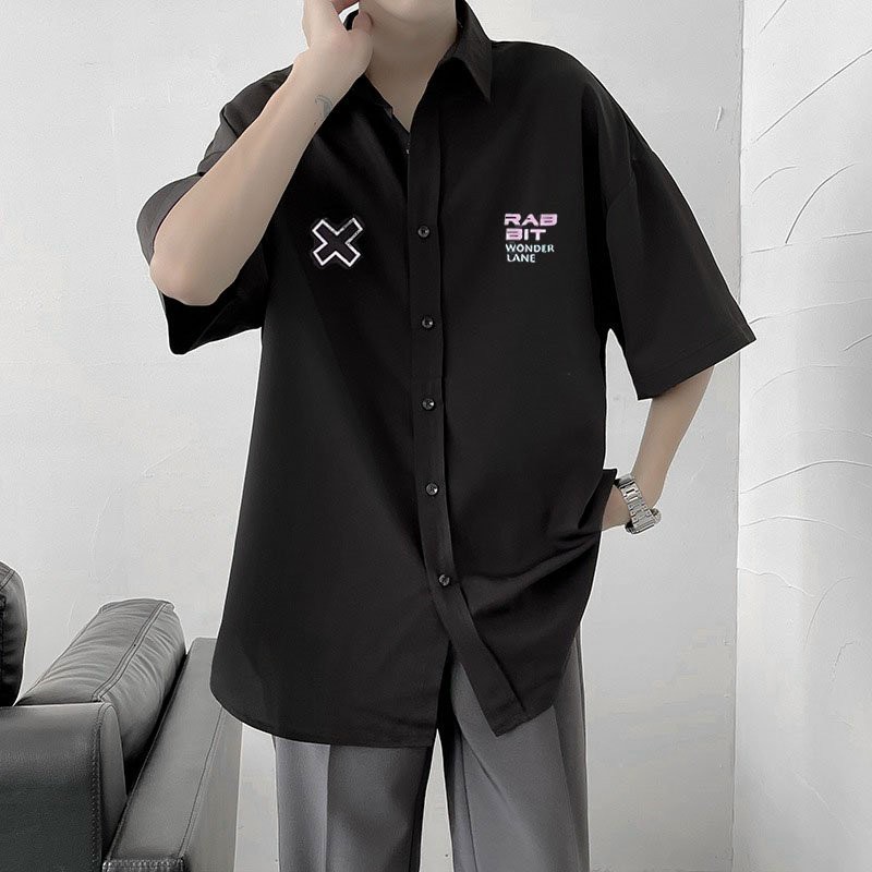 Áo sơ mi nam  tay lỡ form rộng Unisex thêu họa tiết RABBIT, phong cách Hàn Quốc