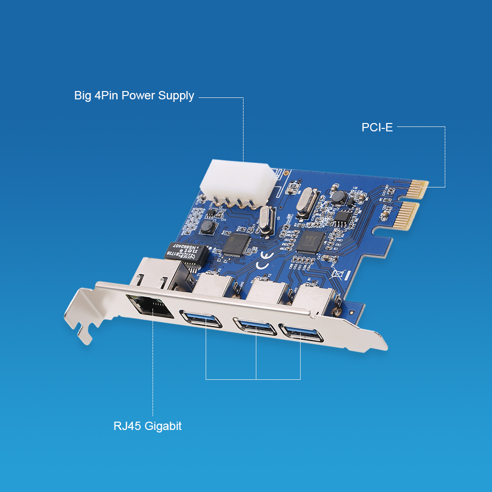 Thẻ Mở Rộng PCI-E Sang 3 Cổng USB3.0 Nguồn Điện 4pin Và Hỗ Trợ Mạng Tốc Độ Cao Gigabit PCI-E 1x / PCI-E