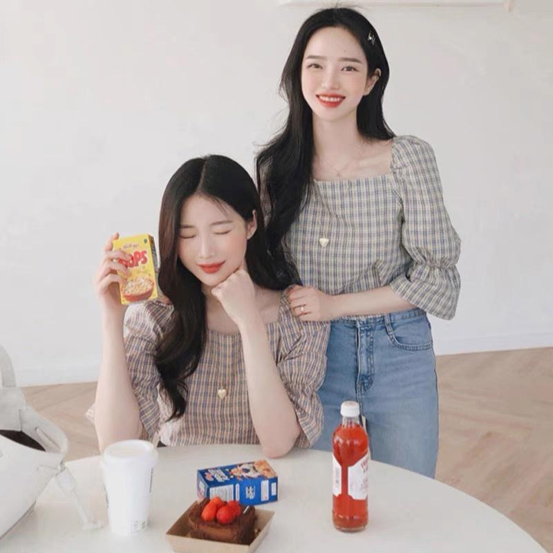 MS259 Áo kiểu nữ cổ vuông kẻ caro tay lỡ Hàn Quốc