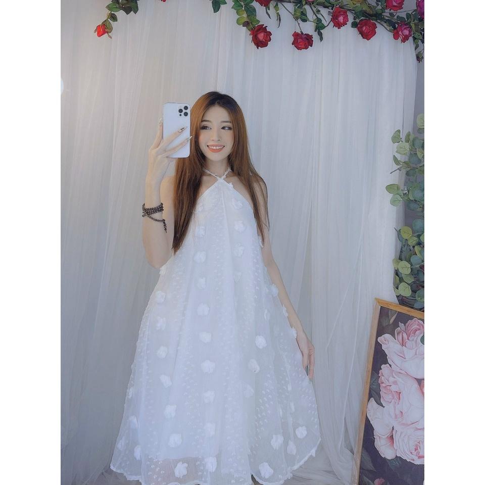 Váy cổ yếm nữ dáng xoè hoa nổi cao cấp siêu đẹp hình thật và video bầu bì bon chen duyên dáng bkfrreship