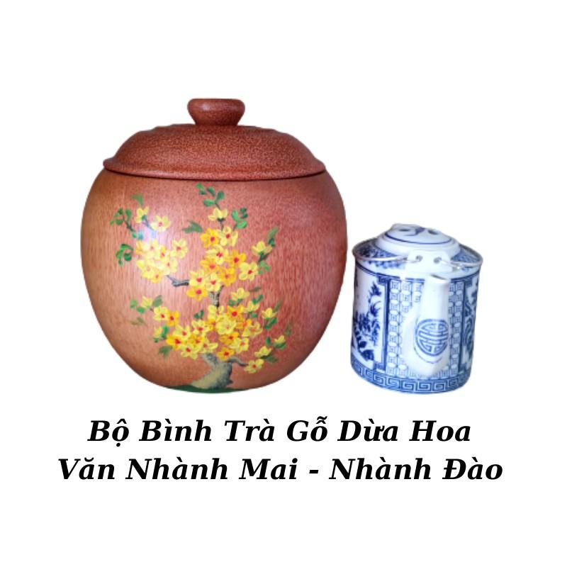 Vỏ Bình Trà Bằng Gỗ Dừa Nguyên Khối Không Chân Gọn Đẹp Trọng Hoa Văn &quot;Mai - Đào&quot; - Bình Trà 700 - 1200ml