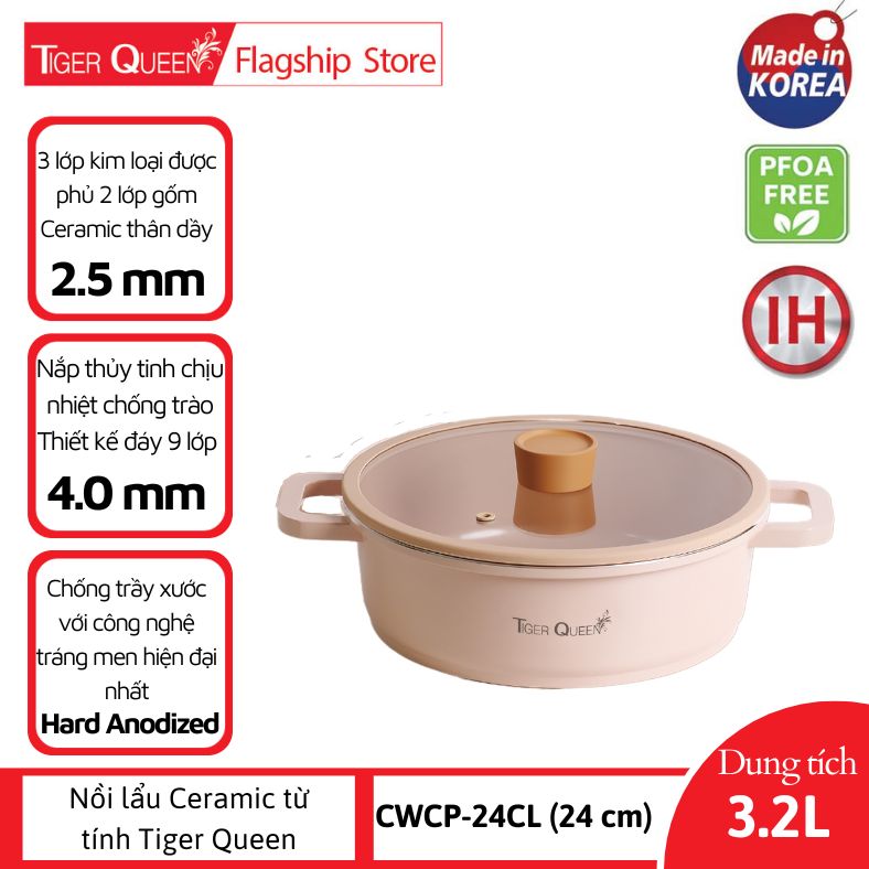 Nồi lẩu Ceramic từ tính Tiger Queen CWCP-24CL (24 cm) - Màu hồng hoa anh đào [24cm - 3.2L] - Chính hãng