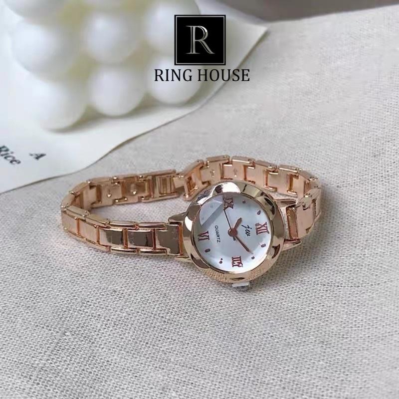 ĐỒNG HỒ NỮ JEV DÂY KIM LOẠI MÀU VÀNG NHỎ MẶT TRÒN ĐẸP RING HOUSE