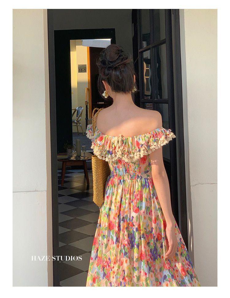 DONGSHOP 2023 Xuân và mùa hè Pháp Vintage váy một chiều vai trà nghỉ váy hở vai tranh sơn dầu in đầm mùa xuân nữ