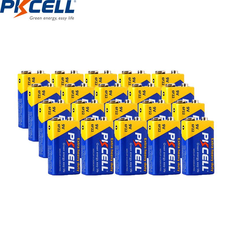 20PC PKCELL 9V 6F22 Tương đương với pin CR9V ER9V 6LR61 Pin Carbon Kẽm cực nặng Pin 9 Volt cho Đồ chơi điều khiển từ xa Điện áp danh định: 9V