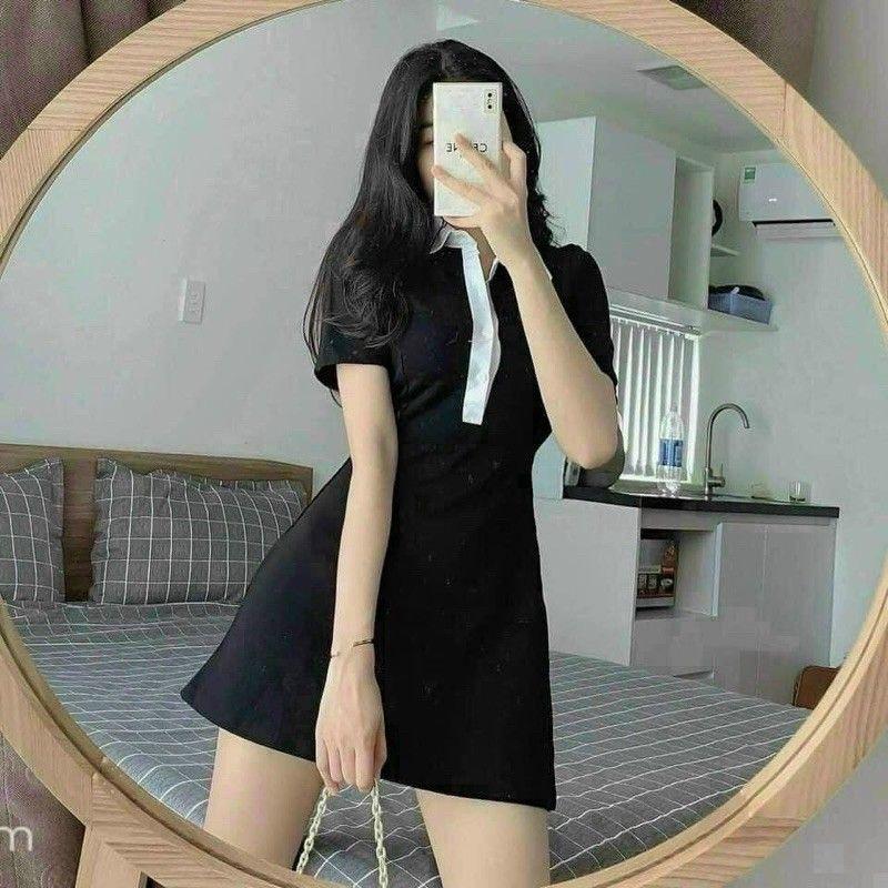 VÁY POLO DÁNG XÒE MÀU ĐEN PHỐI CỔ TRẮNG / ĐẦM POLO CỔ BẺ