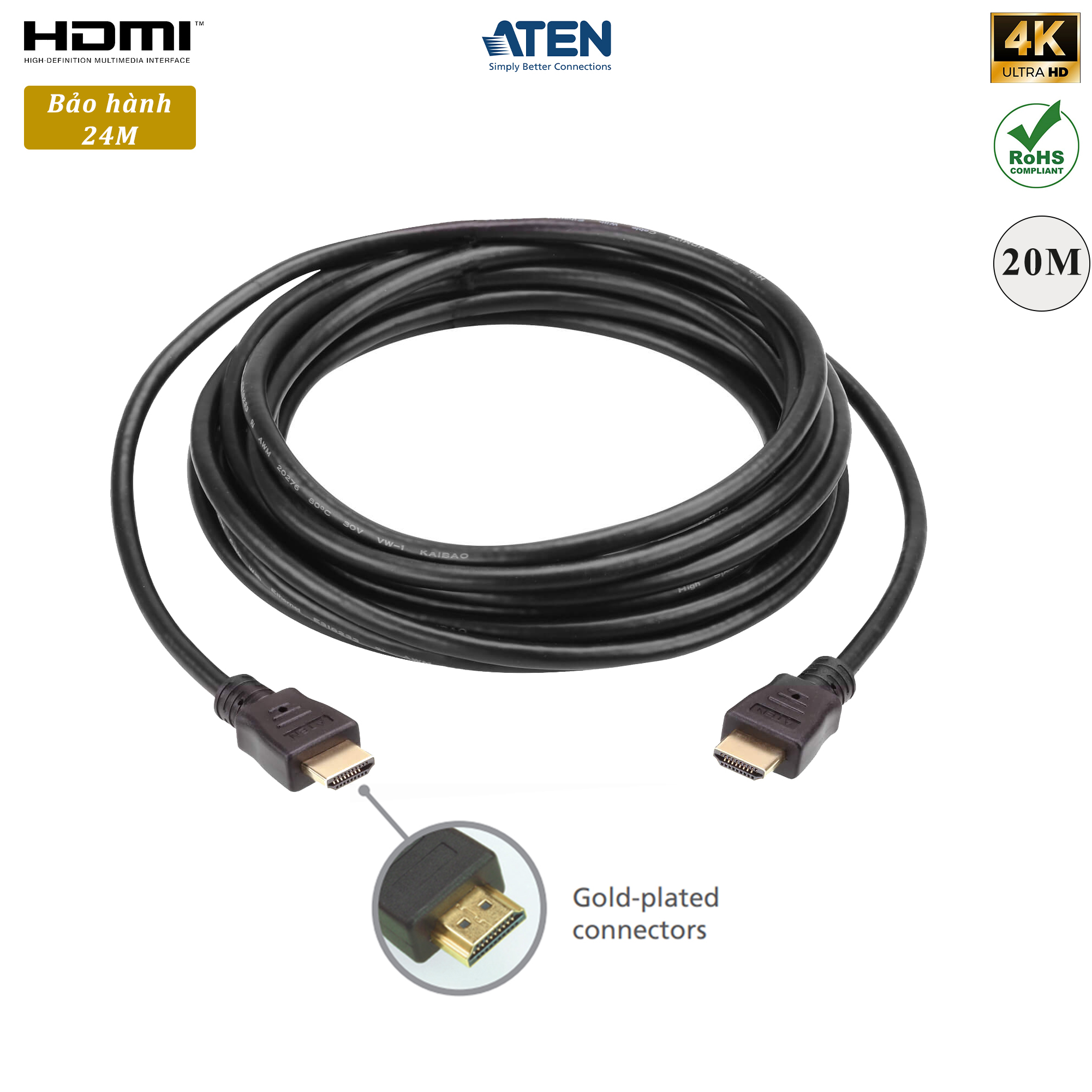 Dây cáp HDMI 20m Aten 2L-7D20H hỗ trợ 3D và Ethernet,4K- Hàng chính hãng