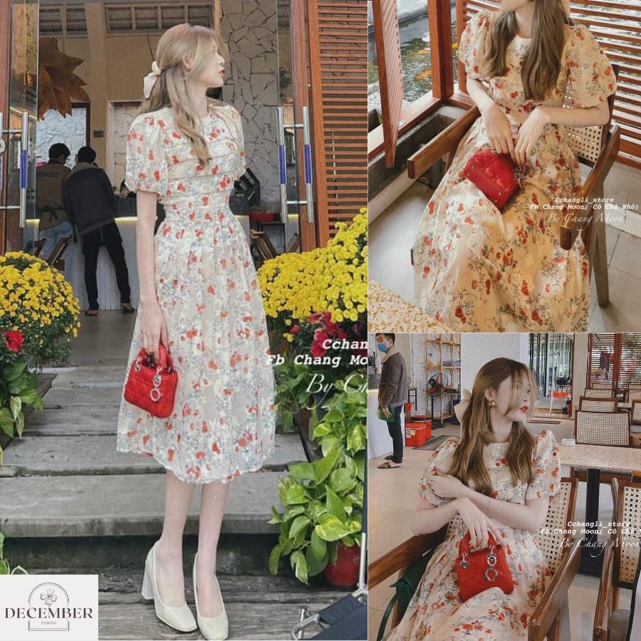 Váy Hoa Nhí Cổ Tròn Xếp Ly Ngực Tinh Tế 2 Lớp - December Fashion