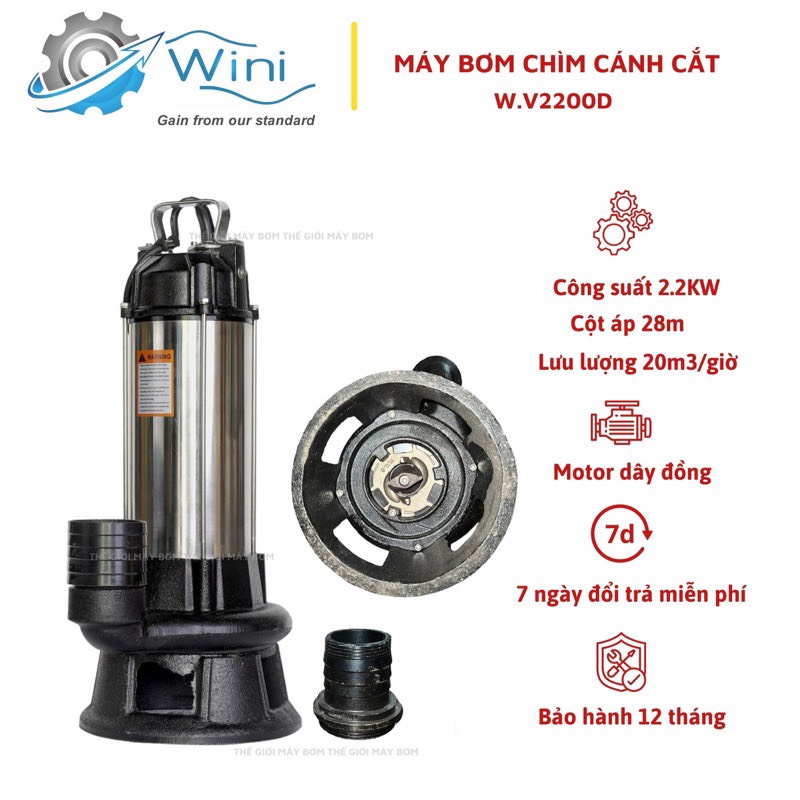 Máy bơm chìm nước thải cắt rác 2.2Kw (3HP) Thân inox 304 Wini W.V2200D - Bảo hành 1 năm