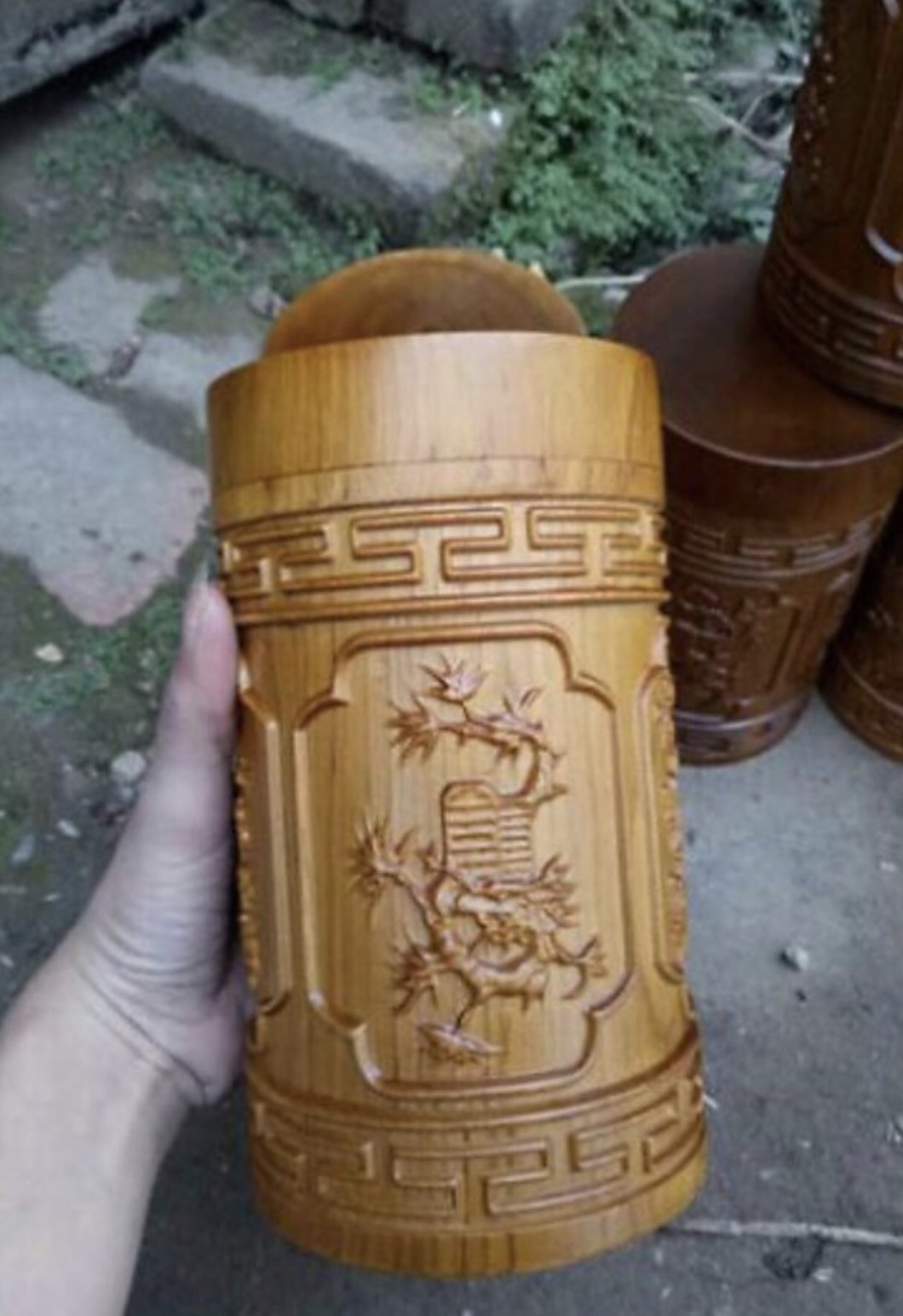 Hộp đựng trà gỗ bách xanh thơm, tùng cúc trúc mai, đục nền nổi 3D BH1069