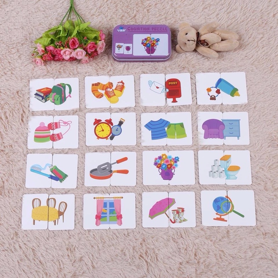 Hộp Thẻ Flashcards Ghép Hình Nhận Thức Cho Bé Học Tiếng Anh Chủ Đề Đồ Vật (Hộp Màu Tím)