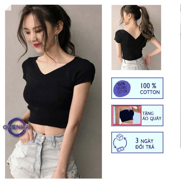 Áo croptop cổ chữ v dáng ôm , áo kiểu crt tay ngắn sexy nữ đen trắng vải thun gân 100% cotton CRTV 258