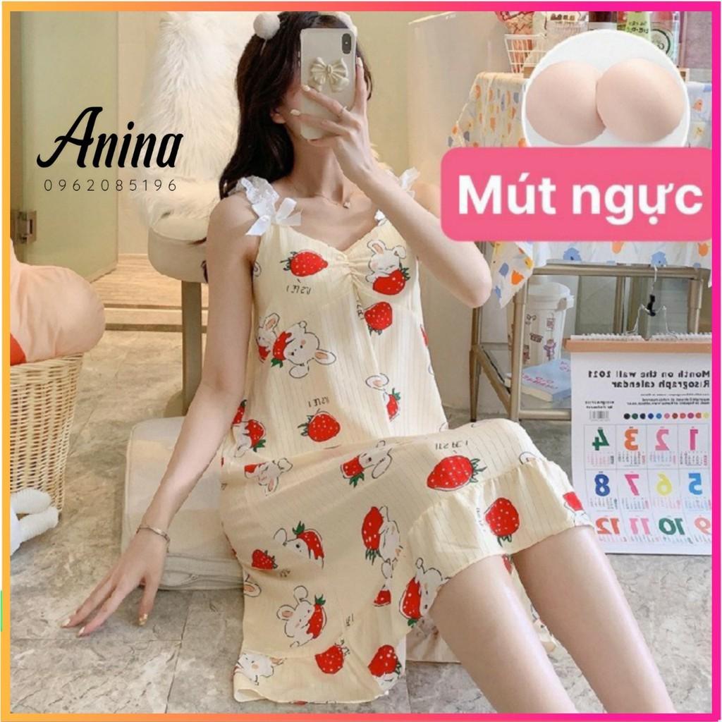 Váy Ngủ Nữ 2 dây quai ren đính nơ dáng suông họa tiết xinh xắn_ Đầm ngủ 2 dây chất thun sữa có mút ngực V292