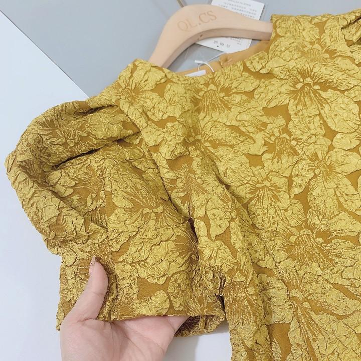 Đầm gấm hoa vàng xoè DN308
