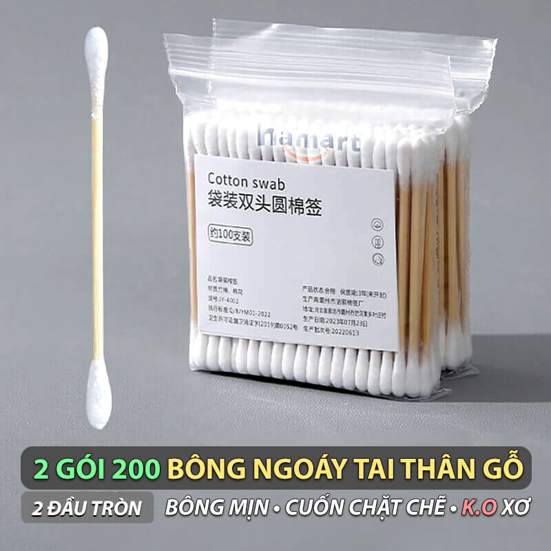COMBO 2 Túi 200 Tăm Bông Thân Gỗ Tre Ngoáy Tai Người Lớn 2 Đầu Vệ Sinh Tai Cọ Trang Điểm Đa Năng
