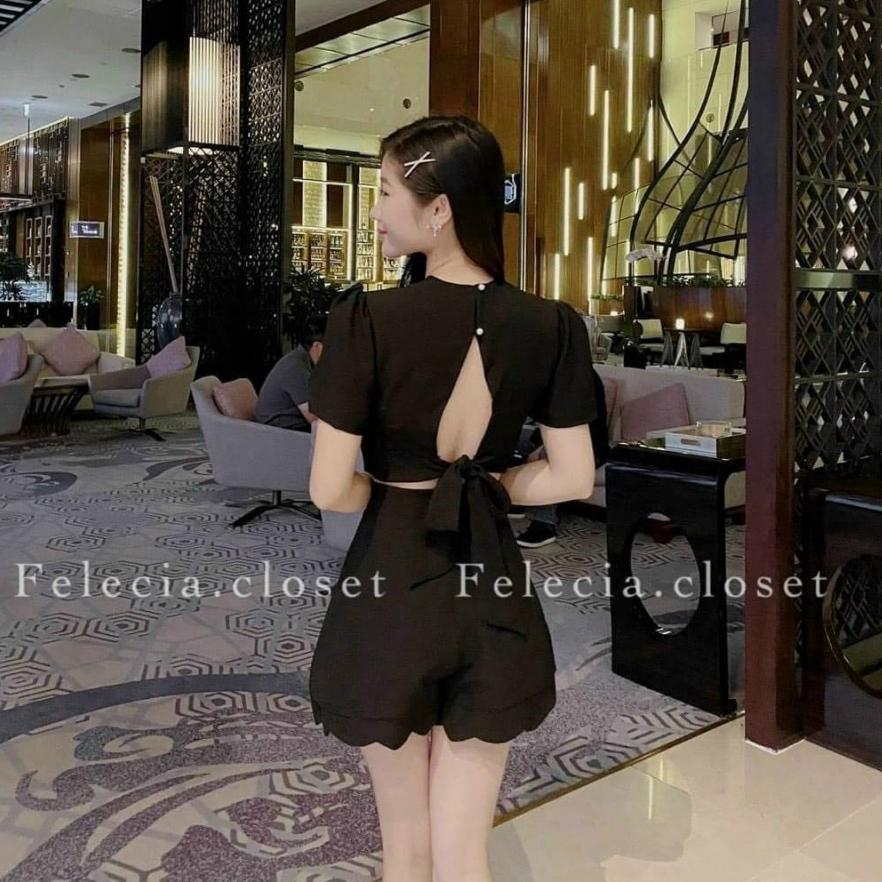 Sét áo lửng xẻ lưng cột nơ kèm quần sooc ngắn lai gợn sóng