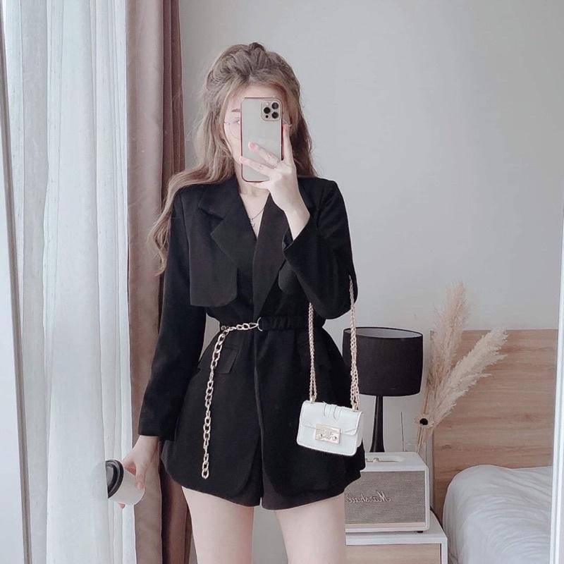 Set áo vest blazer kèm đai màu nâu và đen sang trọng cho nữ